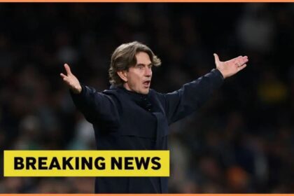 Tottenham manager Thomas Frank with overlay of breaking news
