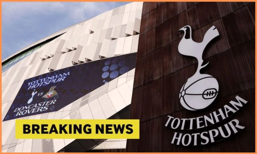 Tottenham badge and outside stadium view with breaking news overlay