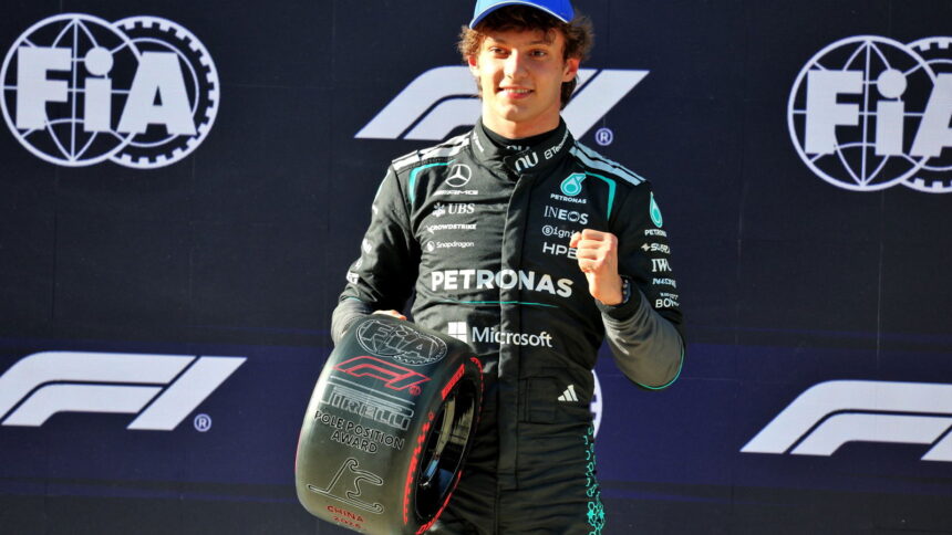 Antonelli celebrates after becoming F1's youngest pole-sitter in China