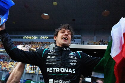 Antonelli celebrates his maiden F1 victory in China.