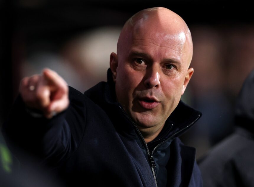 Arne Slot gestures during Liverpool