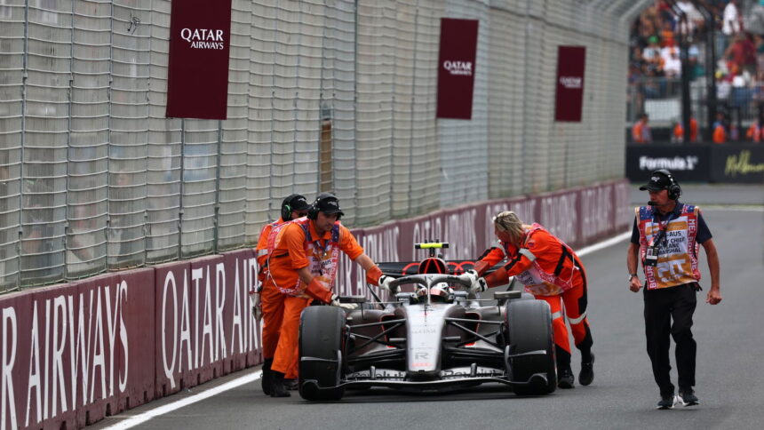 Gabriel Bortoleto is pushed back into the pit lane