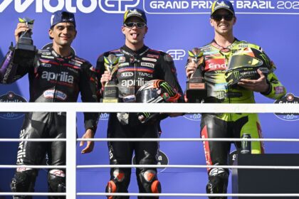 Marco Bezzecchi, Jorge Martin, Fabio Di Giannantonio, 2026 MotoGP Brazilian Grand Prix podium. Credit: Gold and Goose.