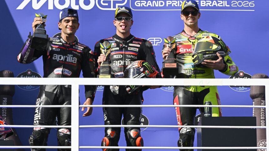 Marco Bezzecchi, Jorge Martin, Fabio Di Giannantonio, 2026 MotoGP Brazilian Grand Prix podium. Credit: Gold and Goose.