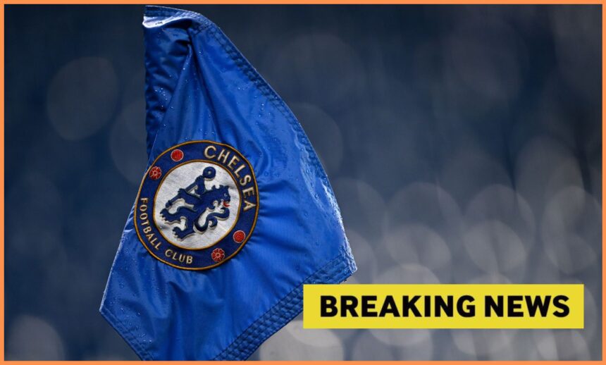 Chelsea logo on corner flag and breaking news banner