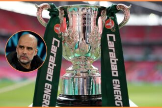 Carabao Cup trophy and Pep Guardiola