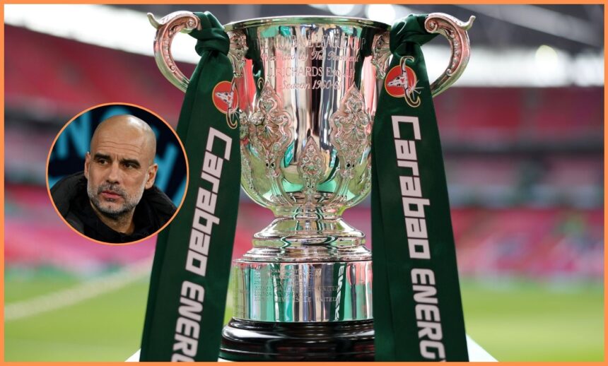 Carabao Cup trophy and Pep Guardiola