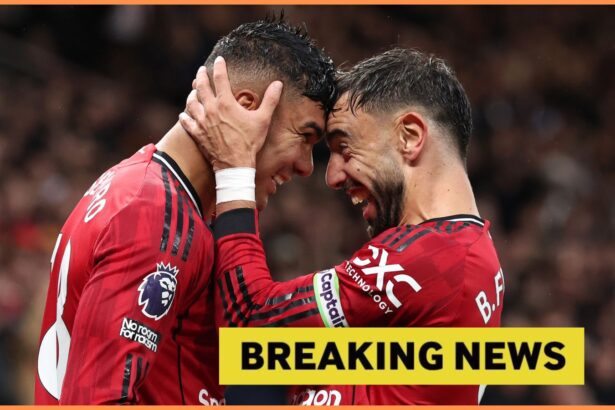 Casemiro and Bruno Fernandes celebrate for Man United against Chelsea