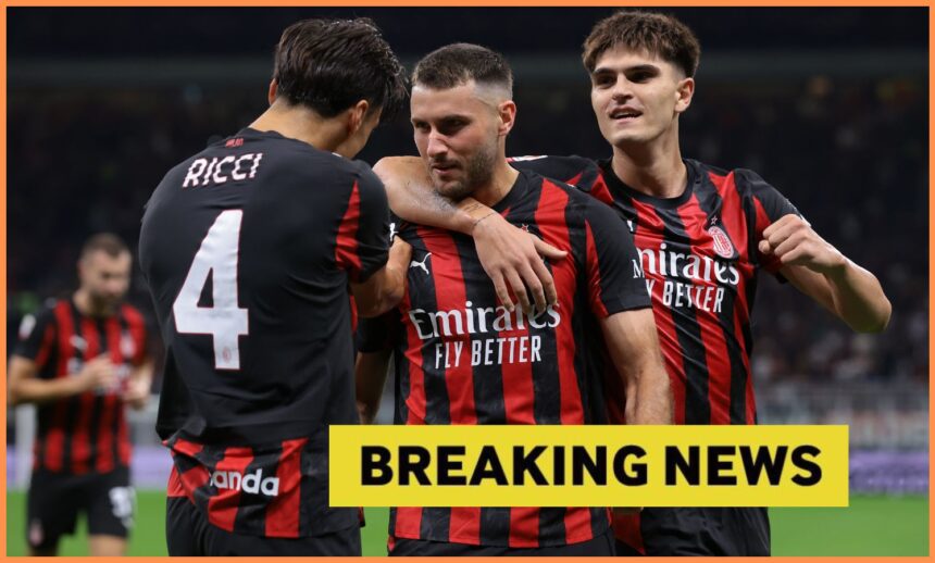 Santiago Gimenez celebrates scoring for AC Milan