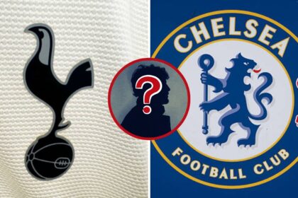 Split image of Tottenham and Chelsea badge with overlay of mystery player