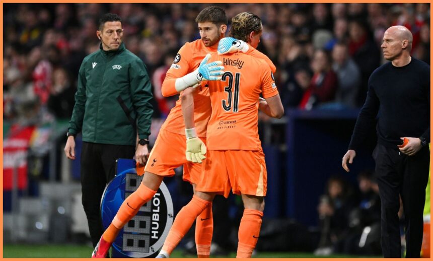 Guglielmo Vicario of Tottenham Hotspur embraces his teammate Antonin Kinsky