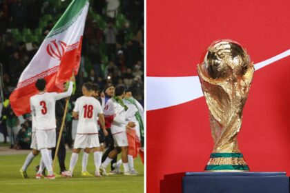 Split image of Iran football team and World Cup trophy