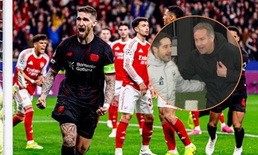 Robert Andrich celebrating goal with overlay of Bayer Leverkusen manager