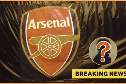 Arsenal badge with overlay of mystery player and breaking news