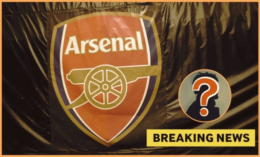 Arsenal badge with overlay of mystery player and breaking news