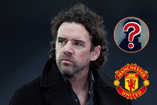 Owen Hargreaves looks on with overlay of mystery players and man united badge