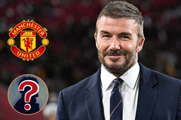 David Beckham with overlay of Man United badge and mystery player