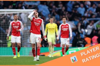 Arsenal players react during the Carabao Cup final defeat against Manchester City