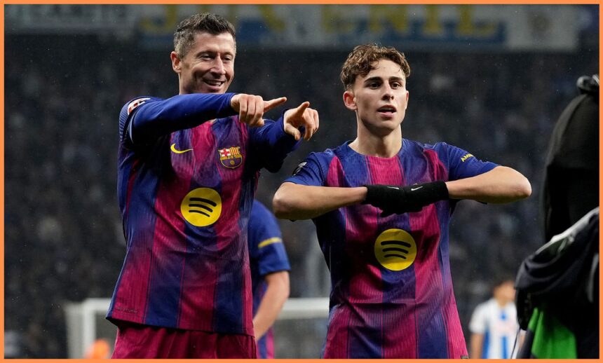 Robert Lewandowski celebrates a goal for Barcelona