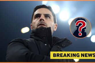 Mikel Arteta and breaking news banner