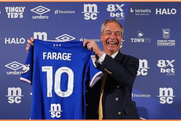 Nigel Farage posing with an Ipswich Town shirt