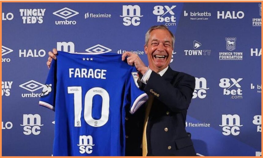 Nigel Farage posing with an Ipswich Town shirt