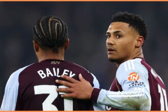 Ollie Watkins celebrates with Leon Bailey