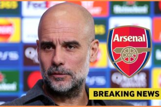 Pep Guardiola and the Arsenal logo