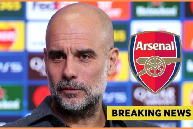 Pep Guardiola and the Arsenal logo