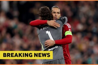 Alisson Becker hugs Virgil van Dijk