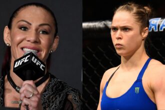 Cris Cyborg at the UFC 232 press conference, opposite Ronda Rousey