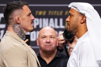 Tom Aspinall, Ciryl Gane, and Dana White at the UFC 321 press conference