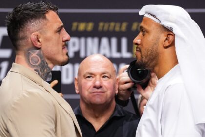 Tom Aspinall, Ciryl Gane, and Dana White at the UFC 321 press conference