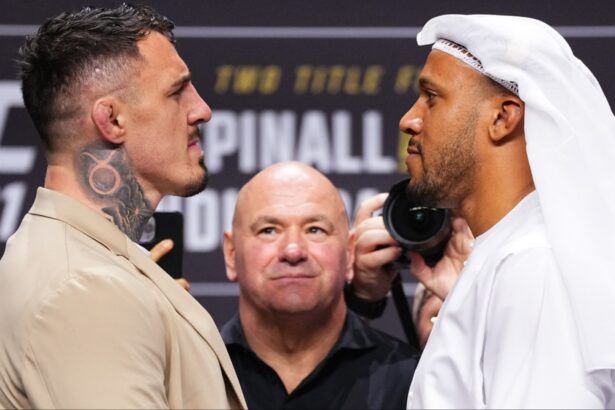 Tom Aspinall, Ciryl Gane, and Dana White at the UFC 321 press conference