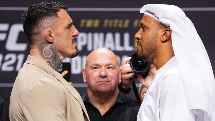 Tom Aspinall, Ciryl Gane, and Dana White at the UFC 321 press conference