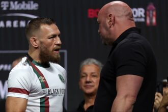 Conor McGregor and Dana White chat at the UFC 264 ceremonial weigh-in
