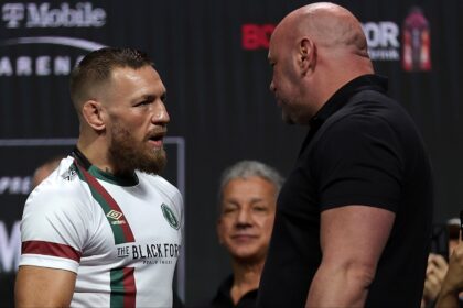 Conor McGregor and Dana White chat at the UFC 264 ceremonial weigh-in