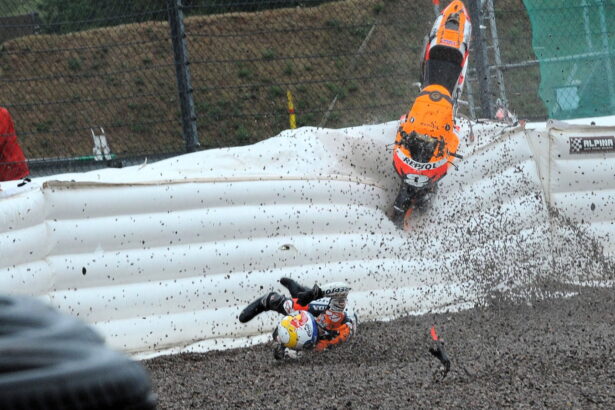 Dani Pedrosa crashes from the lead of a wet 2008 German MotoGP.