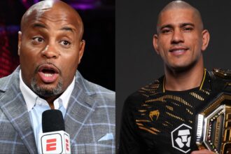 Daniel Cormier commentates cageside at UFC 319, opposite Alex Pereira after his title win at UFC 320