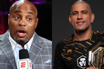 Daniel Cormier commentates cageside at UFC 319, opposite Alex Pereira after his title win at UFC 320