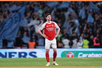 Declan Rice of Arsenal looks dejected after the team