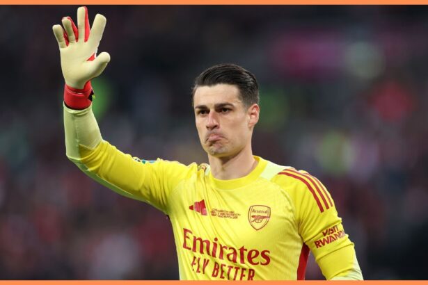 Kepa Arrizabalaga of Arsenal reacts during the Carabao Cup Final match Arsenal and between Manchester City at Wembley