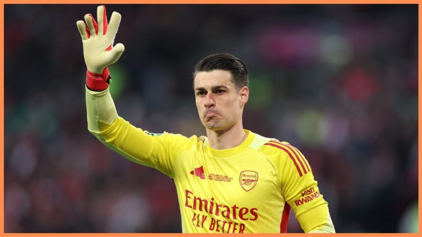 Kepa Arrizabalaga of Arsenal reacts during the Carabao Cup Final match Arsenal and between Manchester City at Wembley