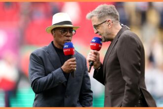 Ian Wright and Mark Chapman speak presenting prior to the Carabao Cup Final match Arsenal and between Manchester City at Wembley