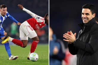 Split image of Pascal Gross in action and Mikel Arteta