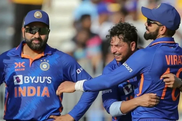Kuldeep Yadav, Virat Kohli and Rohit Sharma.