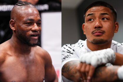 Manel Kape celebrates a win over Brandon Royval, opposite Joshua Van backstage at UFC 323