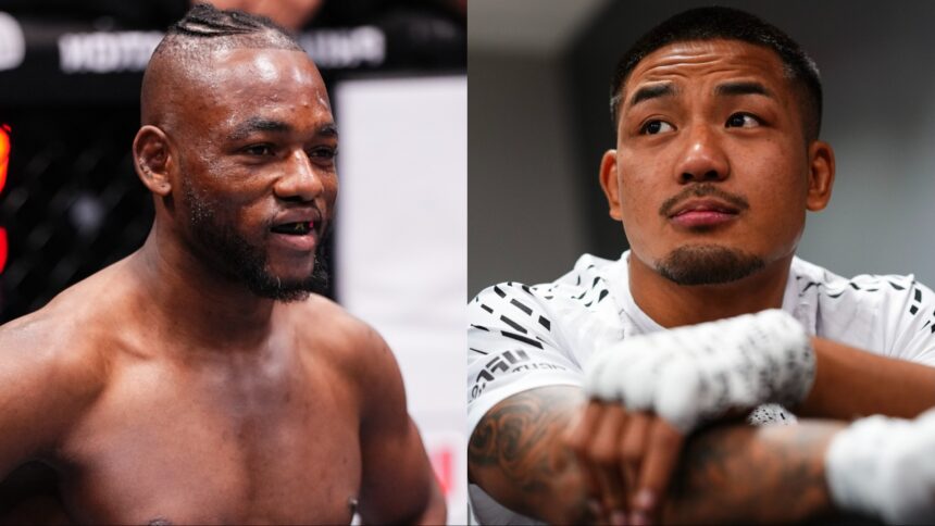 Manel Kape celebrates a win over Brandon Royval, opposite Joshua Van backstage at UFC 323