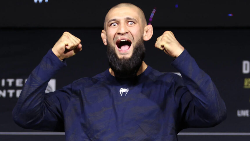 Khamzat Chimaev reacts during a UFC 319 press conference