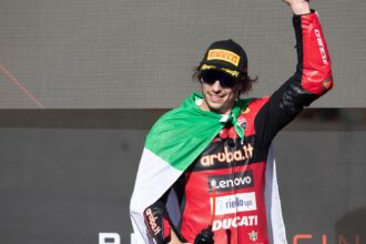 Nicolo Bulega, 2026 Portuguese WorldSBK, podium. Credit: Gold and Goose.